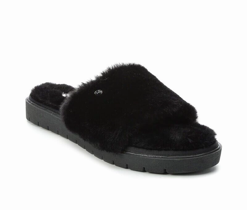 Anne Klein Sillie Slippers Women's US 6 Black Faux Fur Open Toe Slide KHD298 Quick Comfort Sandals Elastic Cuff