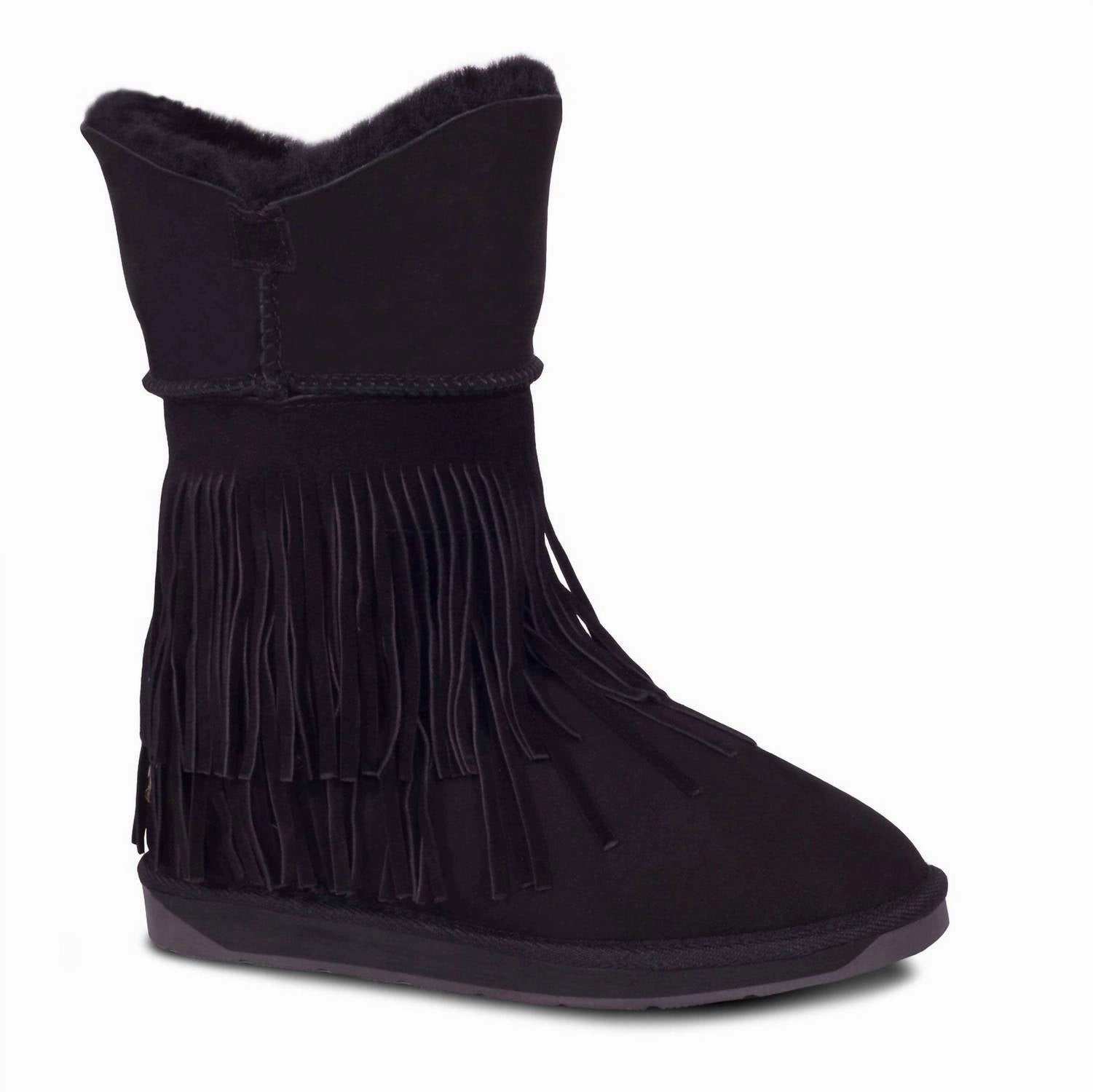 Women's Classic Fringed Sheepskin Boot In Black Walking Comfort Thermal Lining