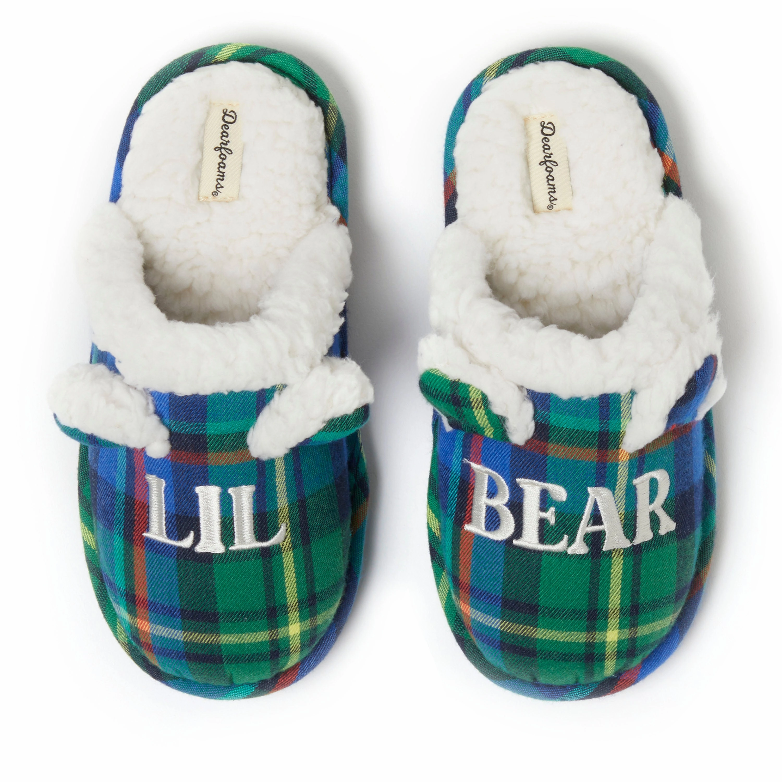 Easy Poolside Wear Rubber Outsole Dearfoams Kids Lil Bear Plaid Scuff Slipper