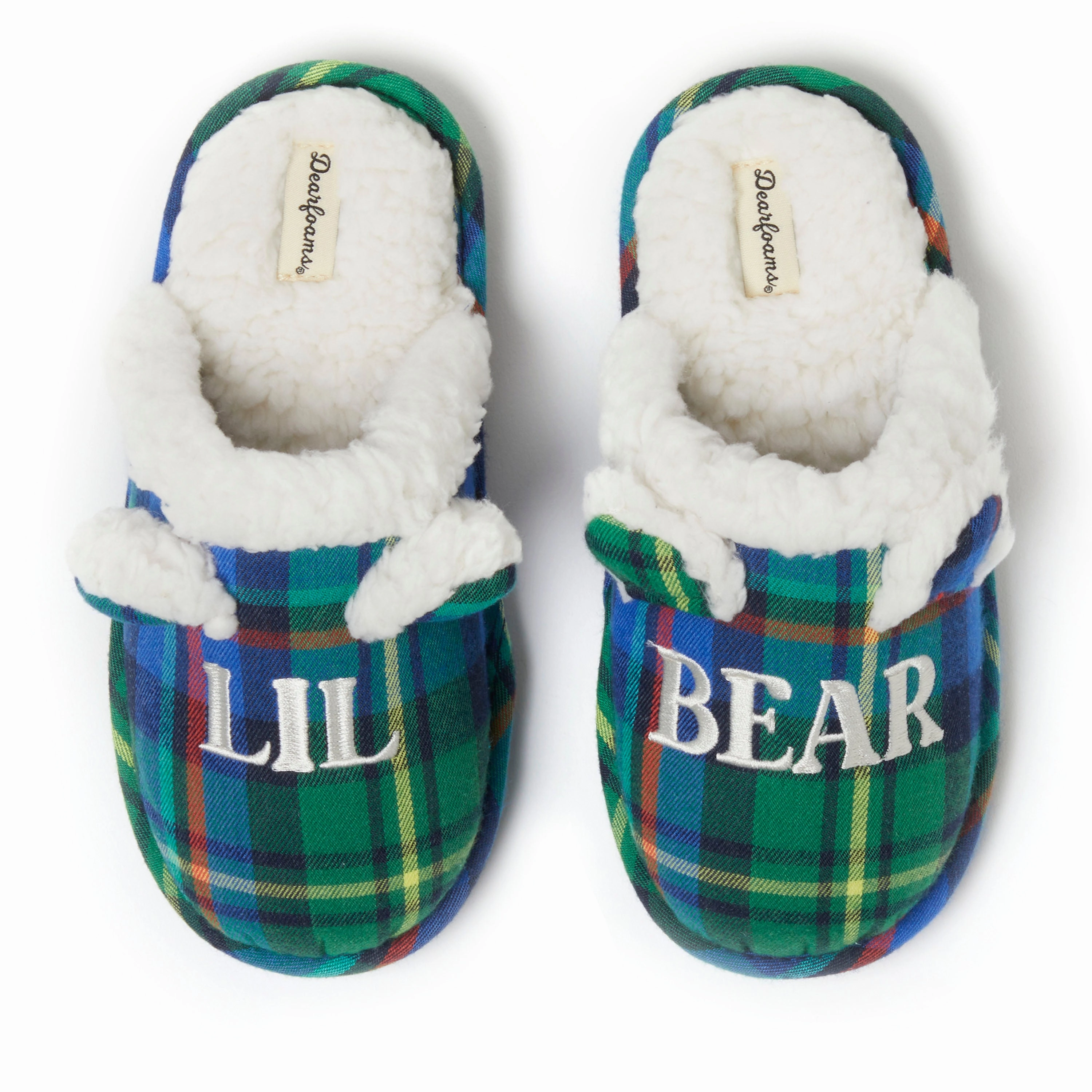 Rubber Outsole Dearfoams Kids Lil Bear Plaid Scuff Slipper