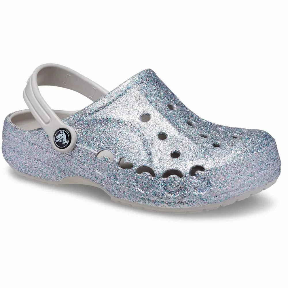 Crocs Baya Clog Kids  Silver Glitter Croslite Slip-On Casual Shoes GBO332 Clean Stitch Pump Style