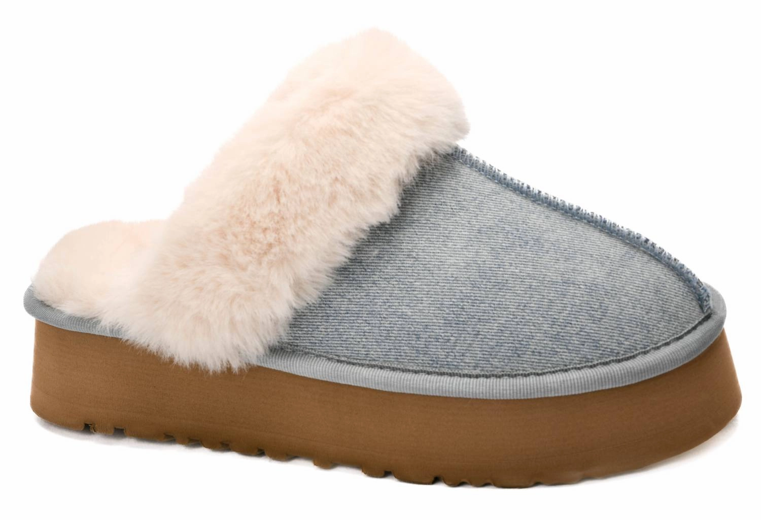 Trendy Fit Elastic laces Cuddle Up Fur Slippers In Light Blue Denim