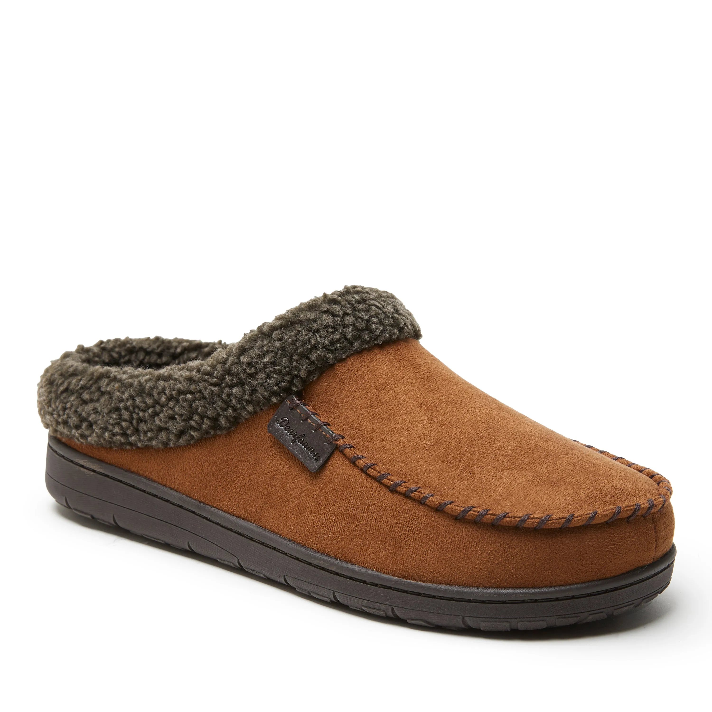 Dearfoams Mens Brendan Microsuede Moc Toe Clog with Whipstitch Stylish Flip-flops for Travel