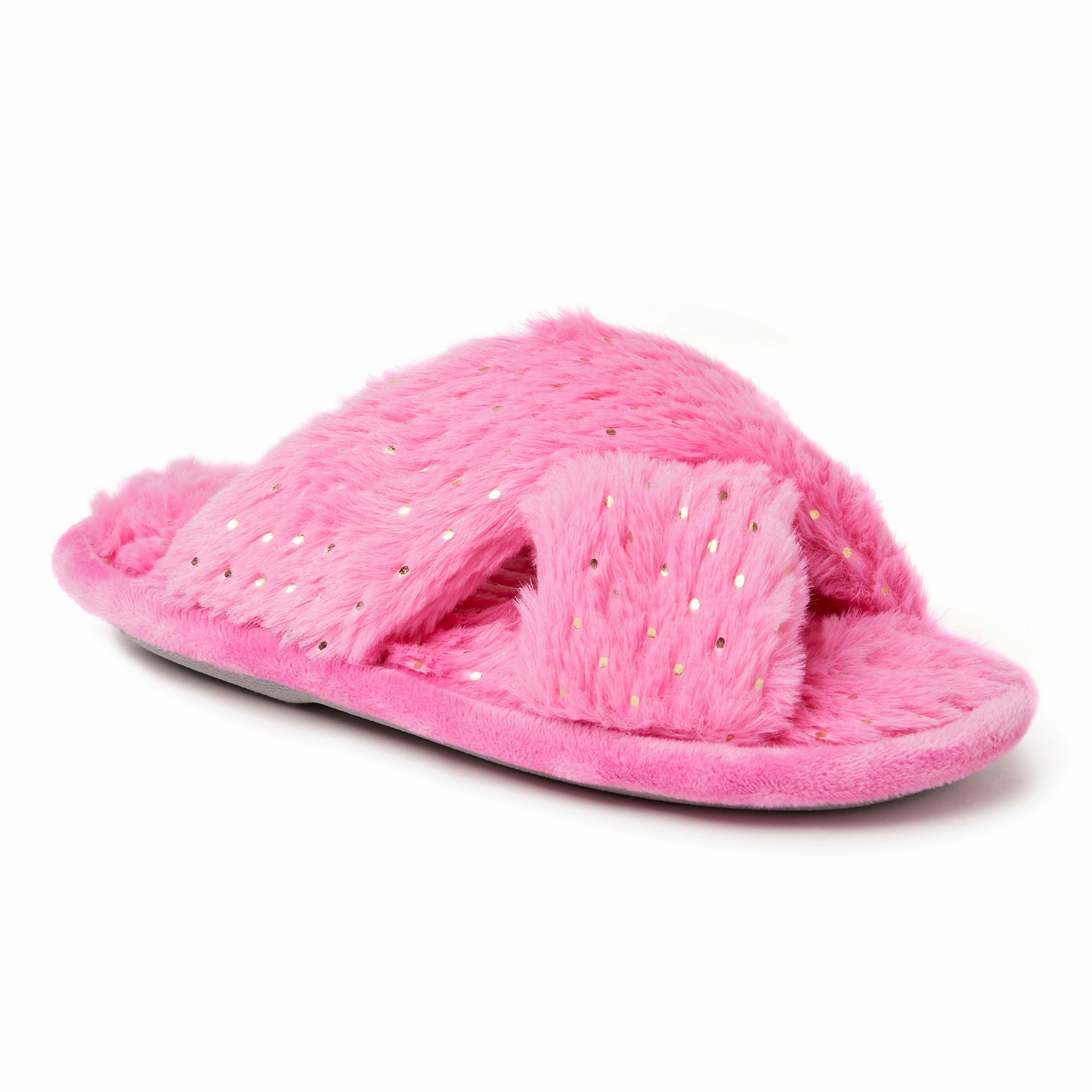 Dearfoams Kids Ava Pile Crisscross Furry Sparkle Slide Slippers Step Into Comfort