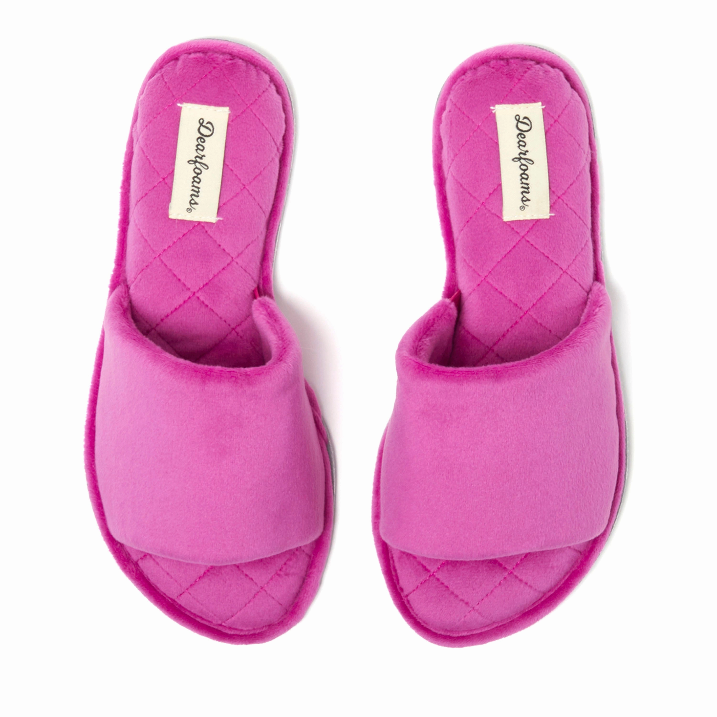 Dearfoams Women's Beatrice Microfiber Velour Shower Slide House Slipper Adjustable buckle