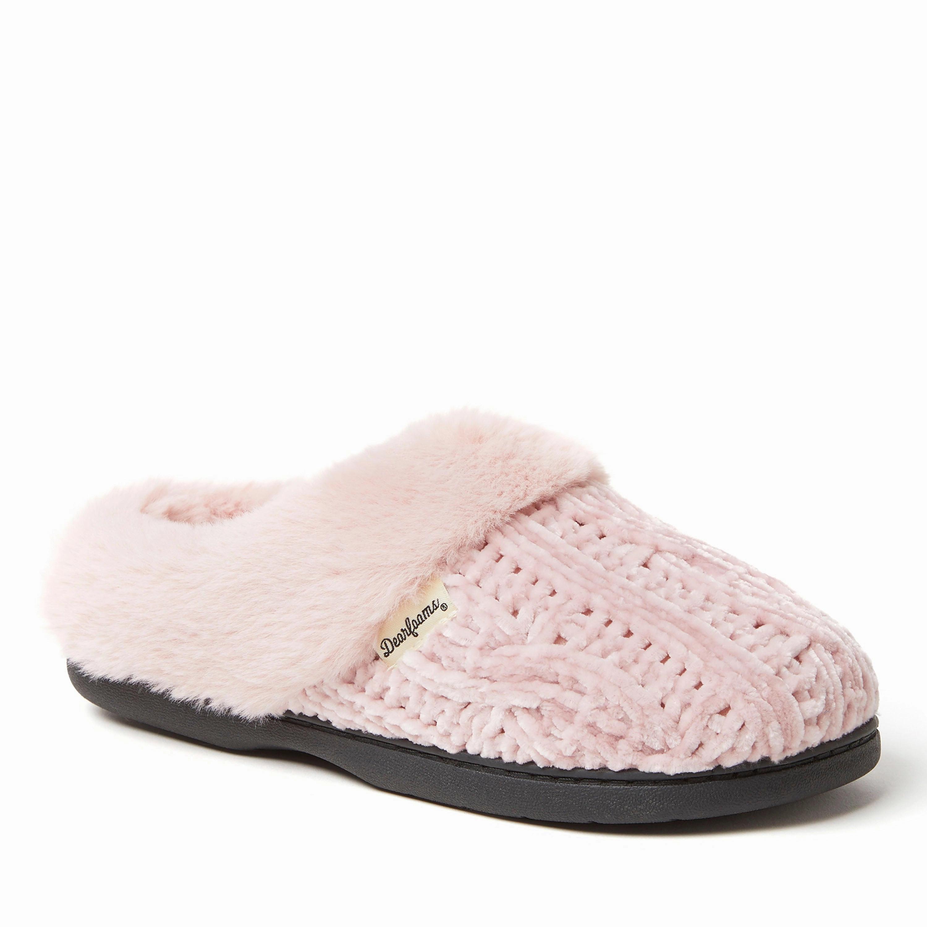 Elastic Strap Stretch Fabric Dearfoams Womens Claire Cable Knit Chenille Clog Slipper