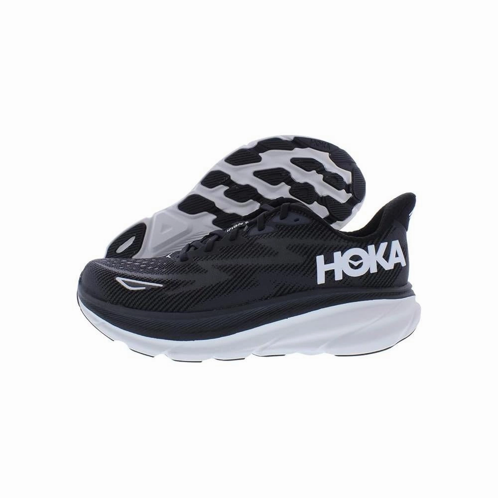 flat running Hoka One Mens Clifton 9 Road Running Shoes - Black/White