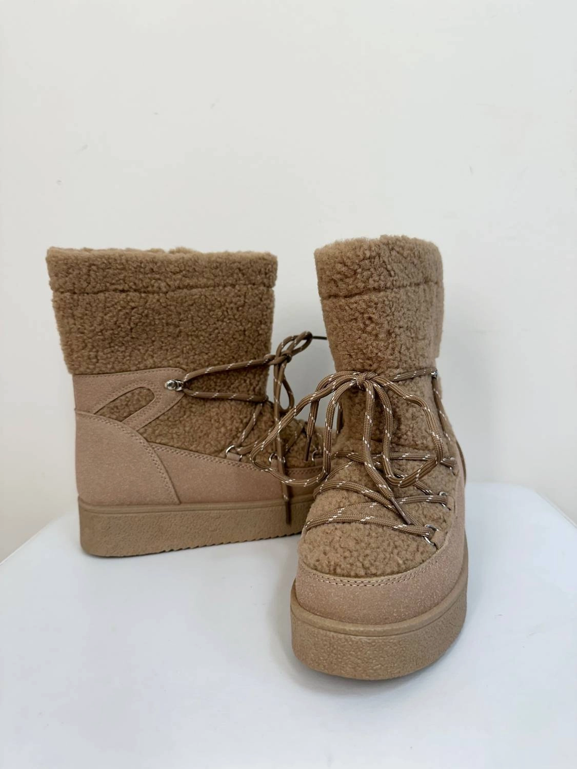 Water Resistant Women's Borg Fleece Furry Lace Up Snow Boots In Beige