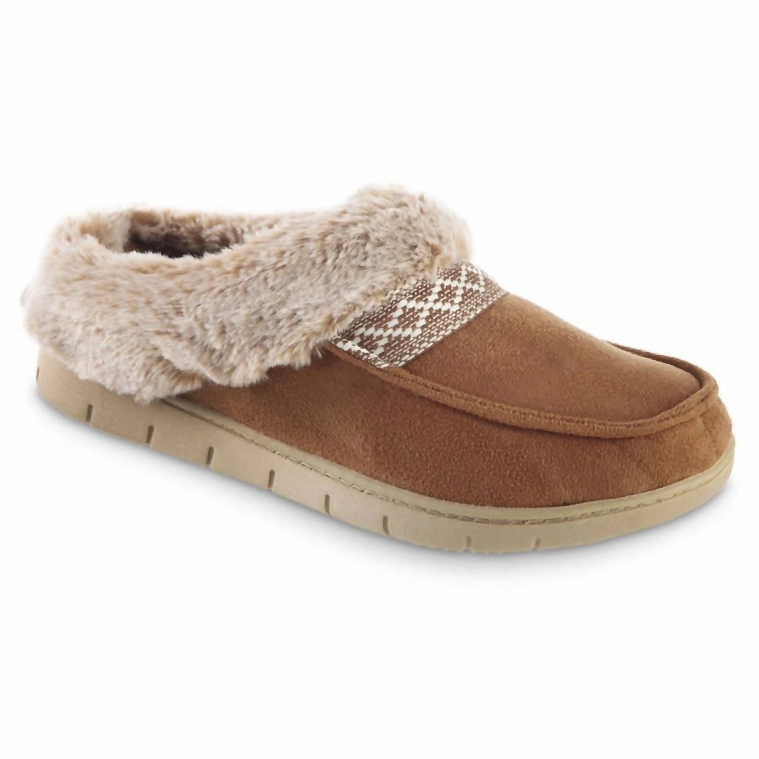 Women's Recycled Microsuede And Faux Fur Hoodback Slipper In Cognac Weekend Casual Anti Slip Sole