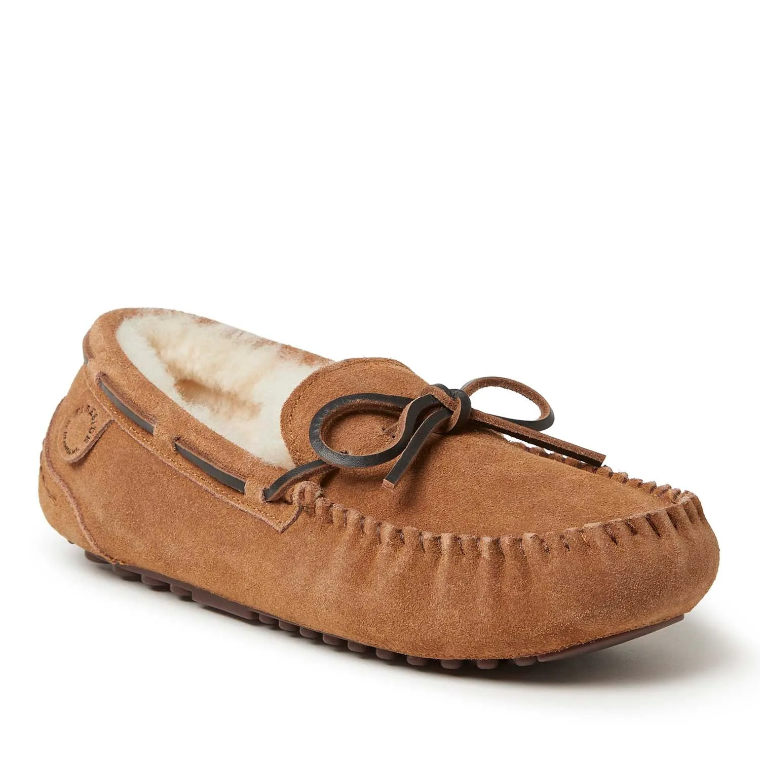 Fireside By Dearfoams Men's Victor Genuine Shearling Moccasin with Tie Support Feel Bow Charm