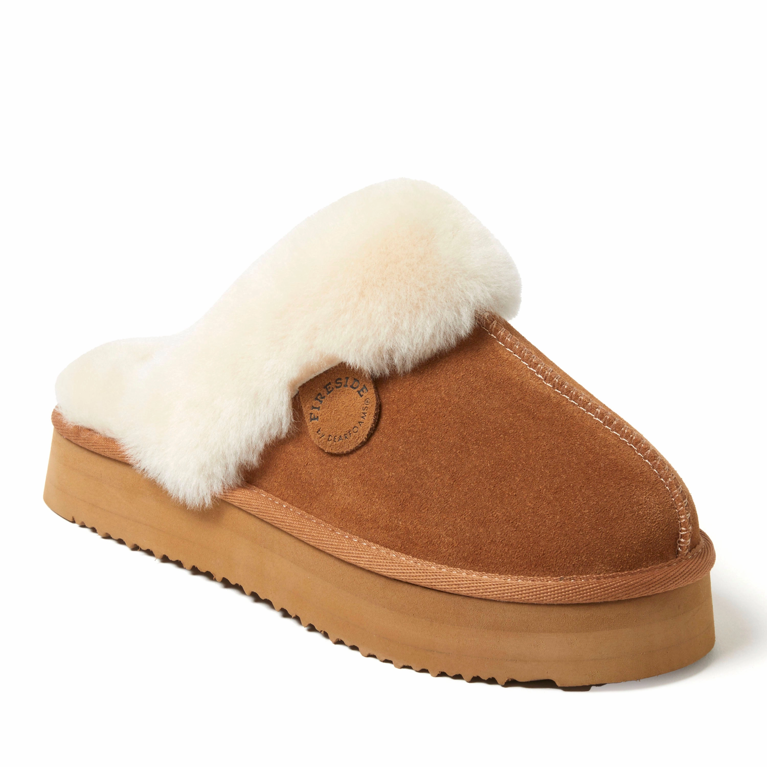 Comfortable Feel Maximum Comfort Fireside by Dearfoams Women's Melton Genuine Shearling Platform Scuff Slipper