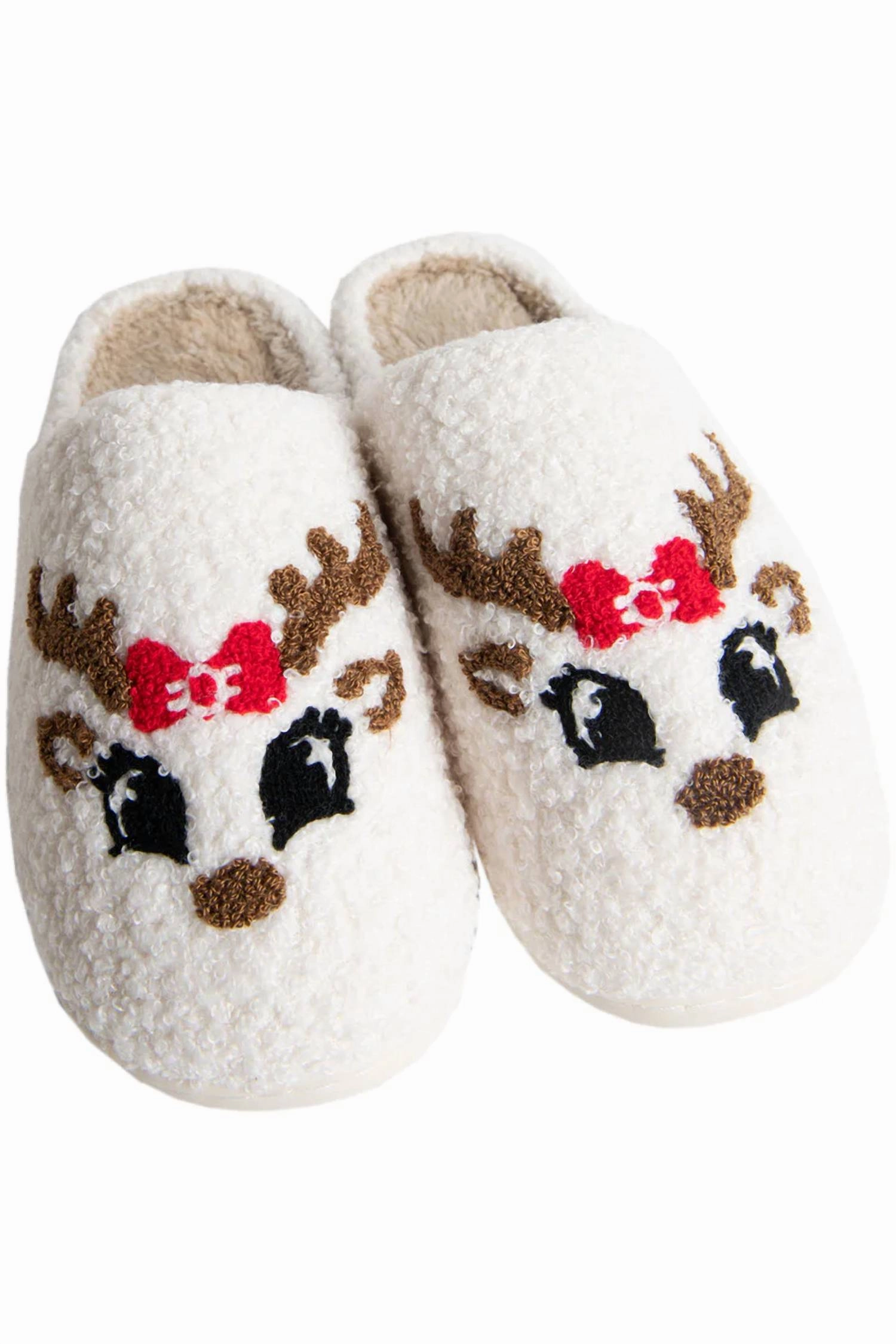 Flexible Step Unisex Reindeer Face Christmas Slippers In White