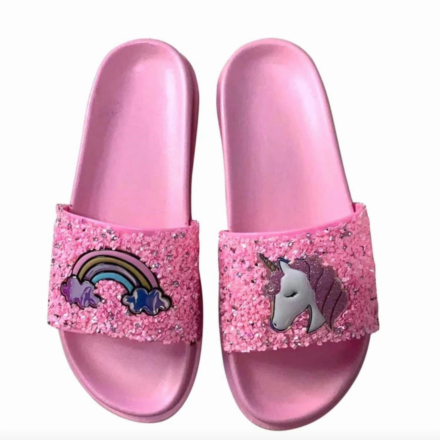 Soft Sole Comfortable Travel Girls Unicorn Glitter Slide Sandal In Pink