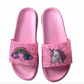 Y Strap Design Modern Fit Girls Unicorn Glitter Slide Sandal In Pink