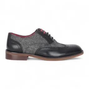 Cushioned Support Interview Day Sleek Design Dress Code Fit Justin Reess Men's Black Leather Tweed Brogue Shoes - Albert