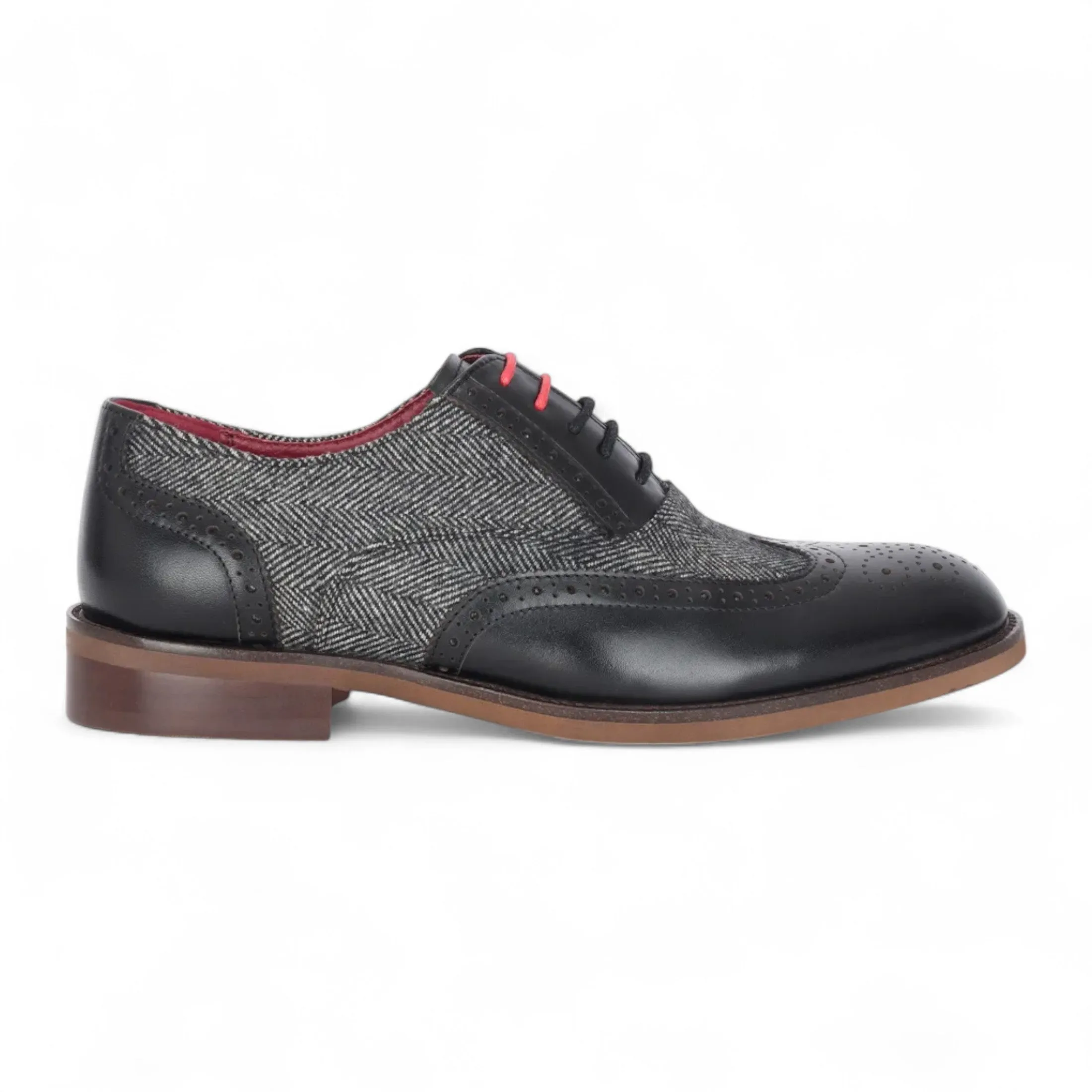 Cushioned Support Interview Day Sleek Design Dress Code Fit Justin Reess Men's Black Leather Tweed Brogue Shoes - Albert