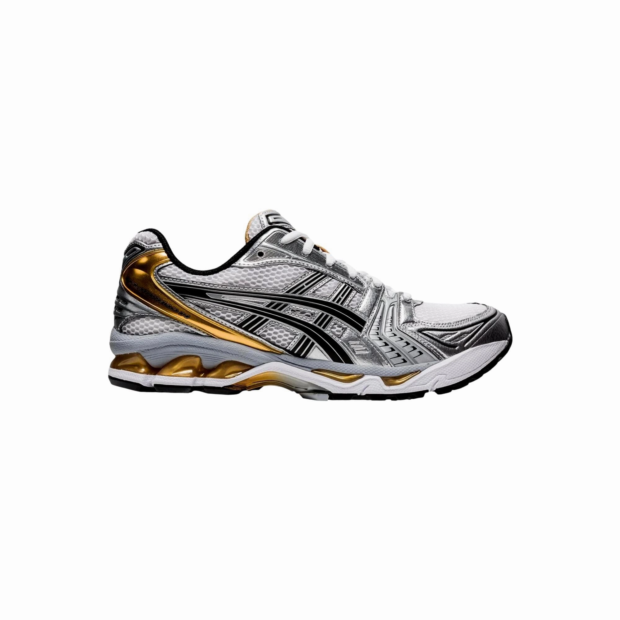 running in a pedestrian path area shoes Asics Gel - Kayano 14 White / Pure Gold  1201A019-102 Men's