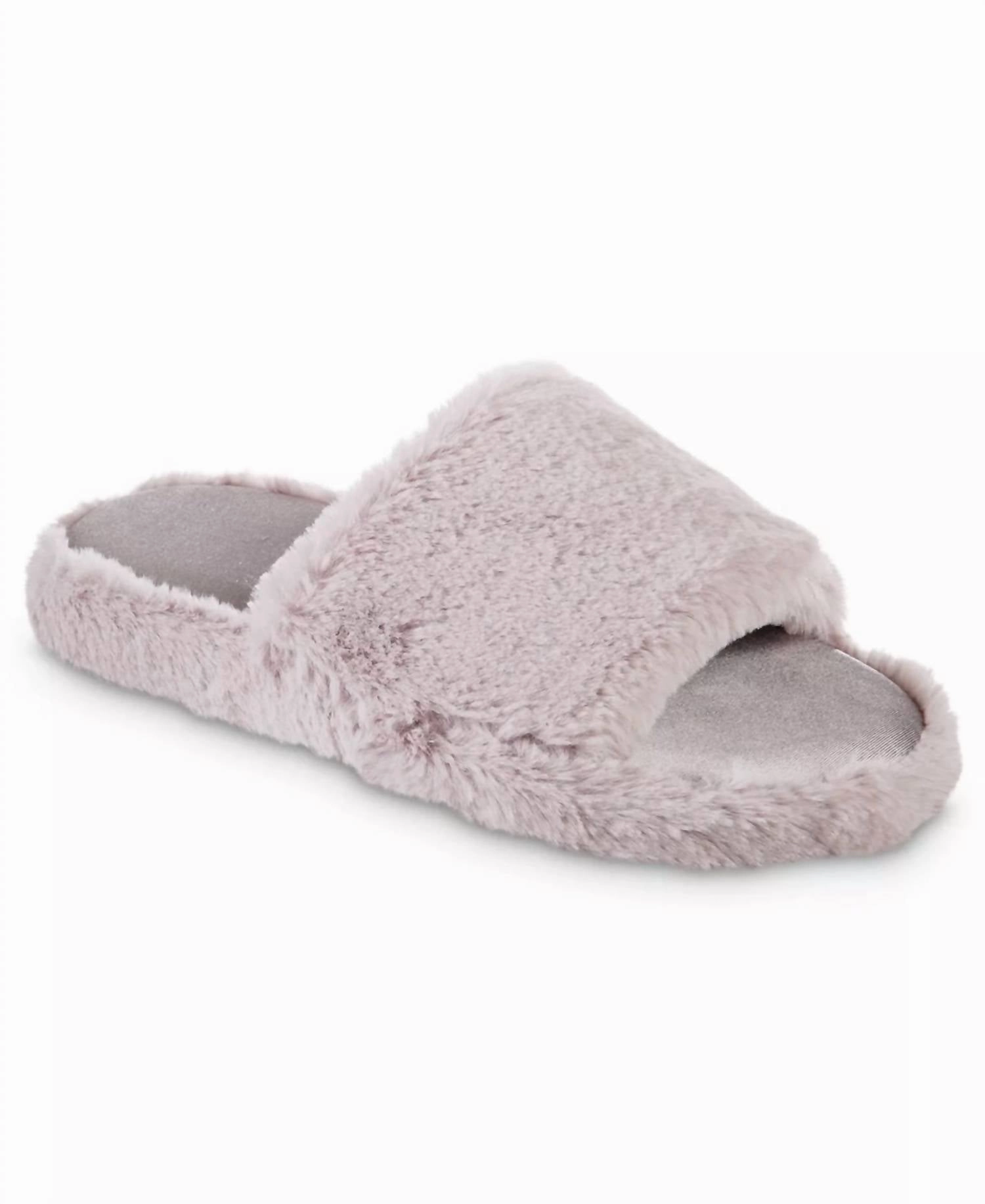 Women's Faux Fur And Satin Tabby Slipper In Thistle Wide fit Effortless Foot Slip