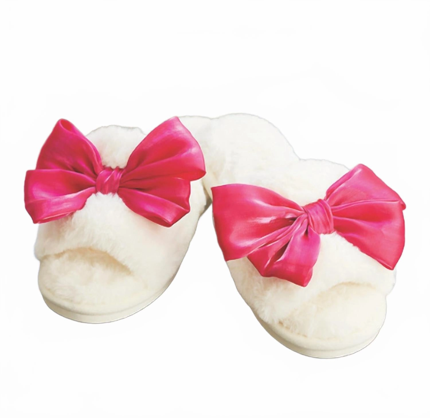 Breathable Footwear R0845 - Hot Pink Bow Plush Slippers In White