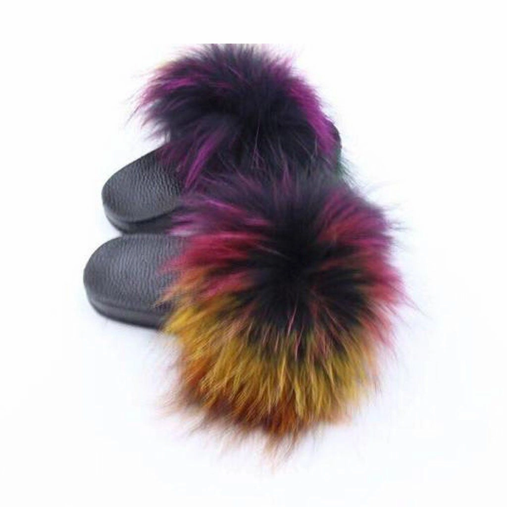Rainbow Faux Fur Slides Classic Silhouette