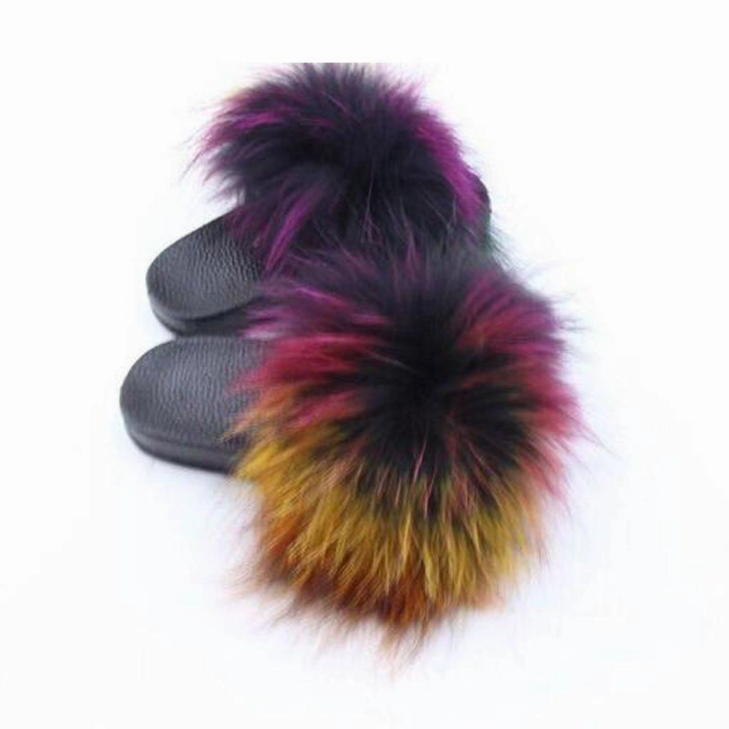 Rainbow Faux Fur Slides Feel Flex