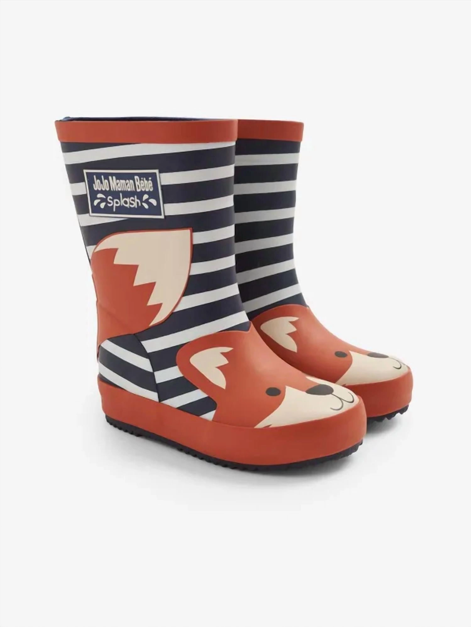 Seamless Stitching Kid's Stripe Fox Wellies Boot In Navy & Ecru