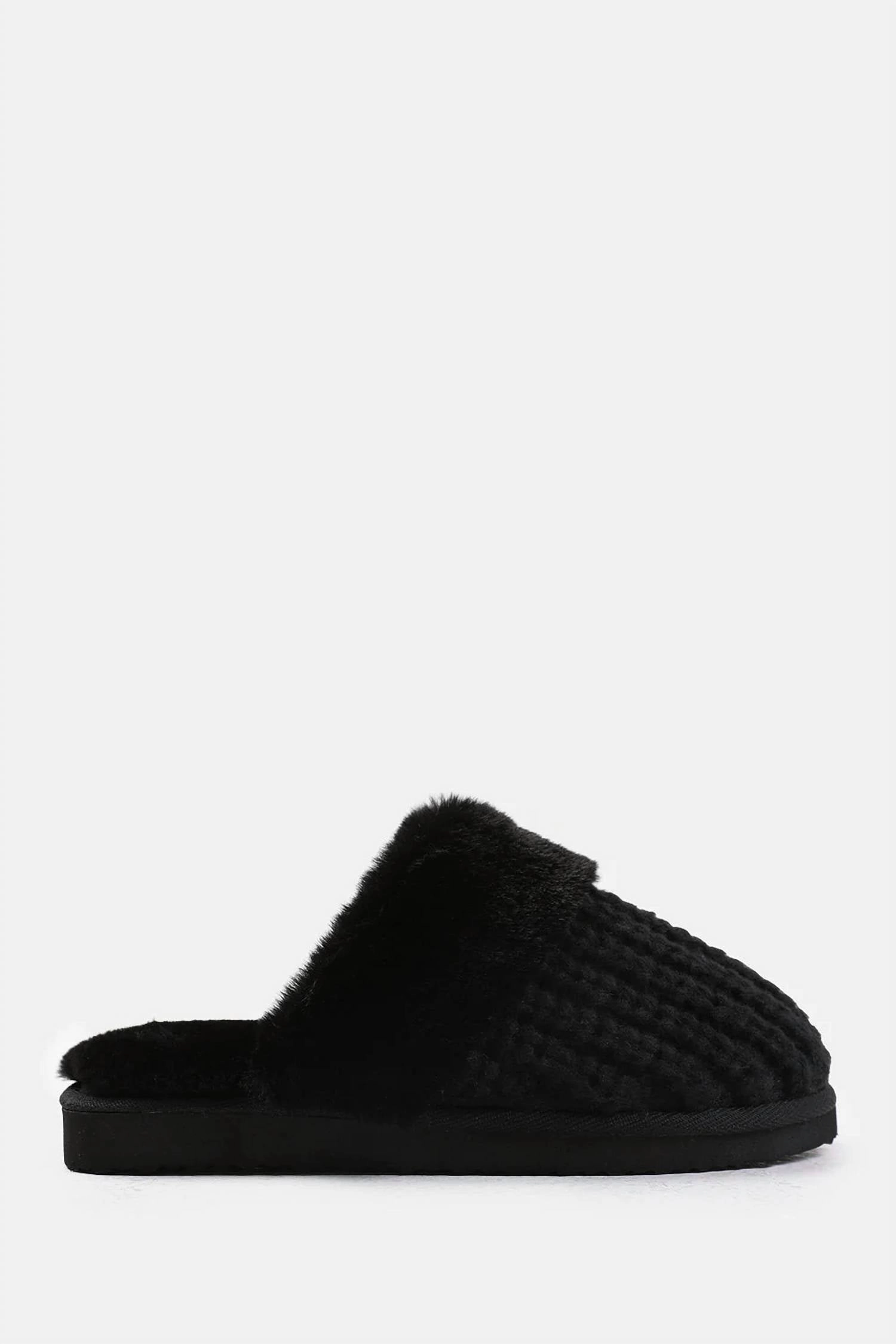 Women's Knitted Snug Faux Fur Slippers In Black Eva Midsole