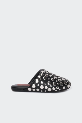Women's Studded Bubble Slipper Shoe In Black/silver Stretch Mesh