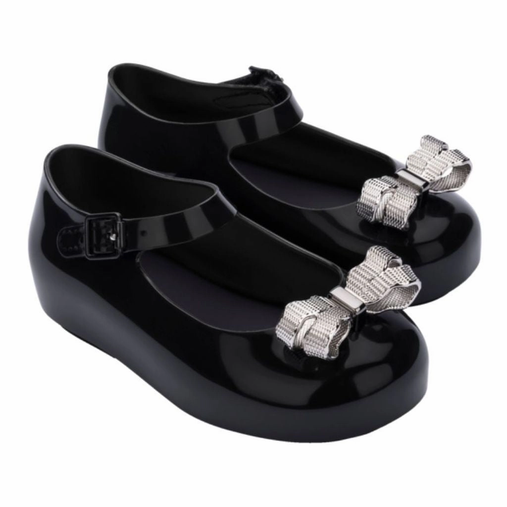 Black Glitter Bow Jelly Shoes LeatherMaterial Sandals