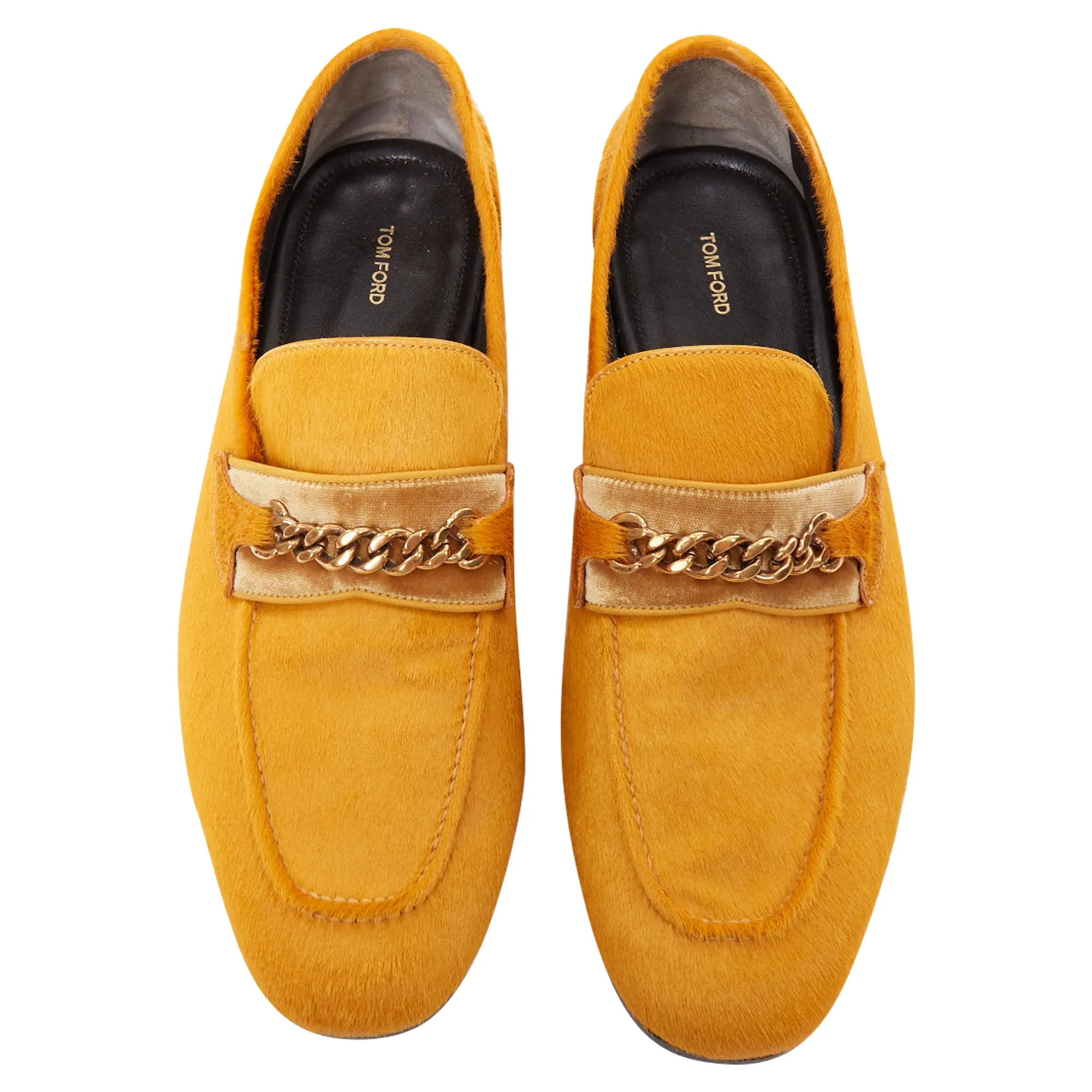 Tom Ford mustard yellow calf hair g chain velvet moccasin loafers College Oxfords