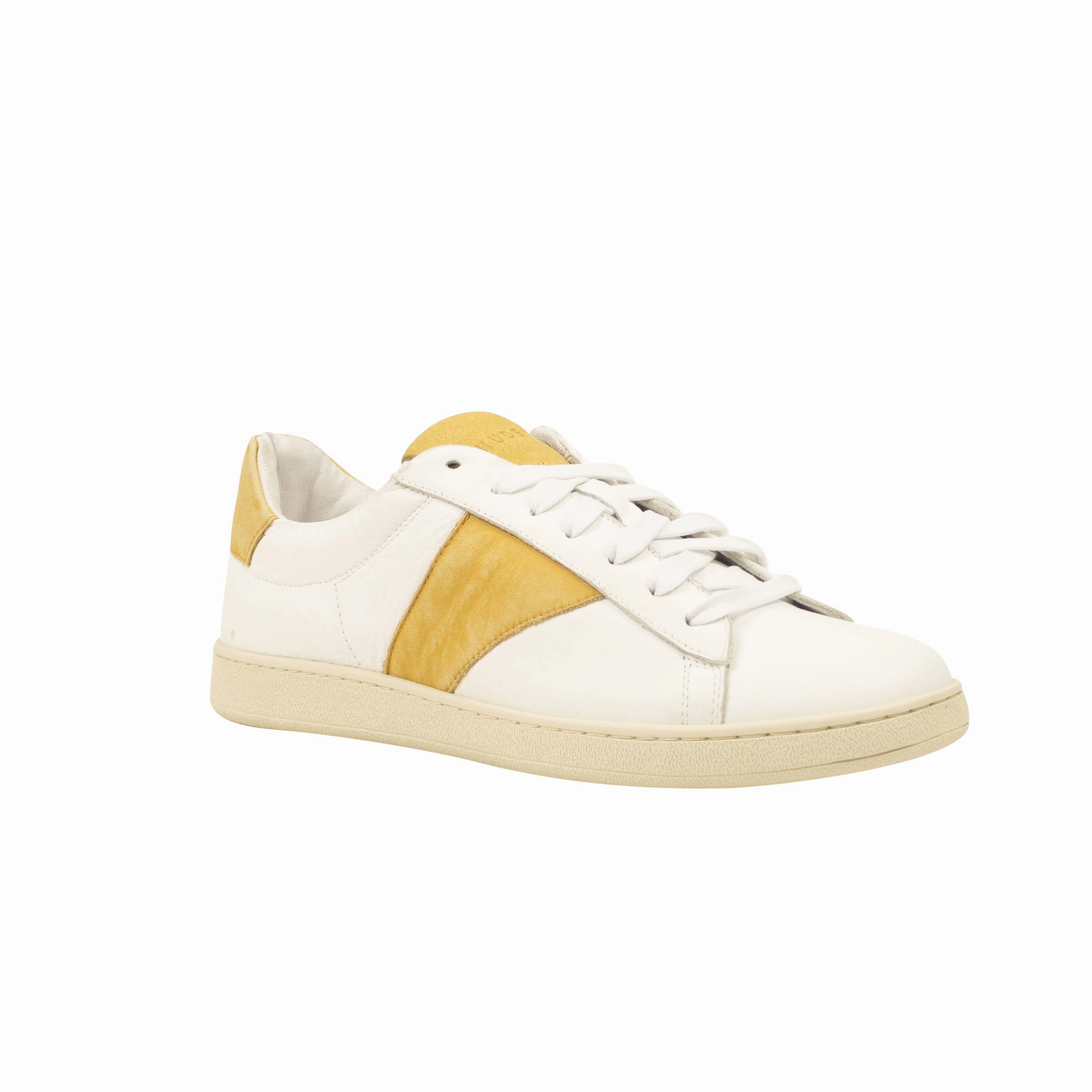 White And Mustard Leather Court Sneakers ShockAbsorbingMidsole Running Challenges