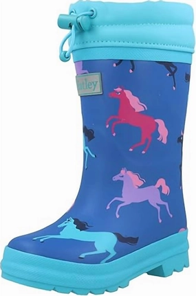 Everyday Protection Zip Closure Boy's Prancing Horses Sherpa Lined Rain Boots In Snorkel Blue