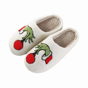 Lightweight Outsole Travel Shoes Women Grinchmas Is Here Fuzzy Slippers In Grinch Hand