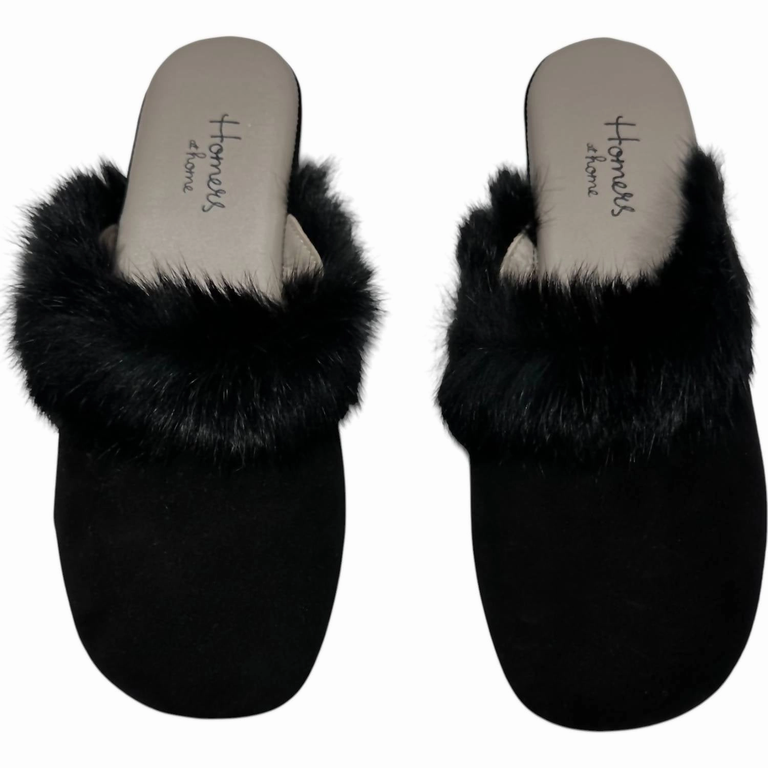 Women's Fur Trim Slippers In Black Flexible Sole Expandable