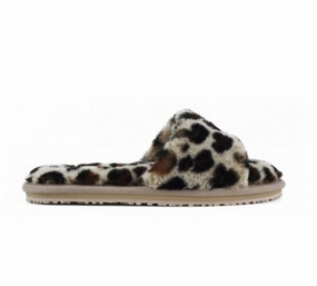 Women's Fuzzy Slide Slippers In Leopard Slip-On Style Slip Free