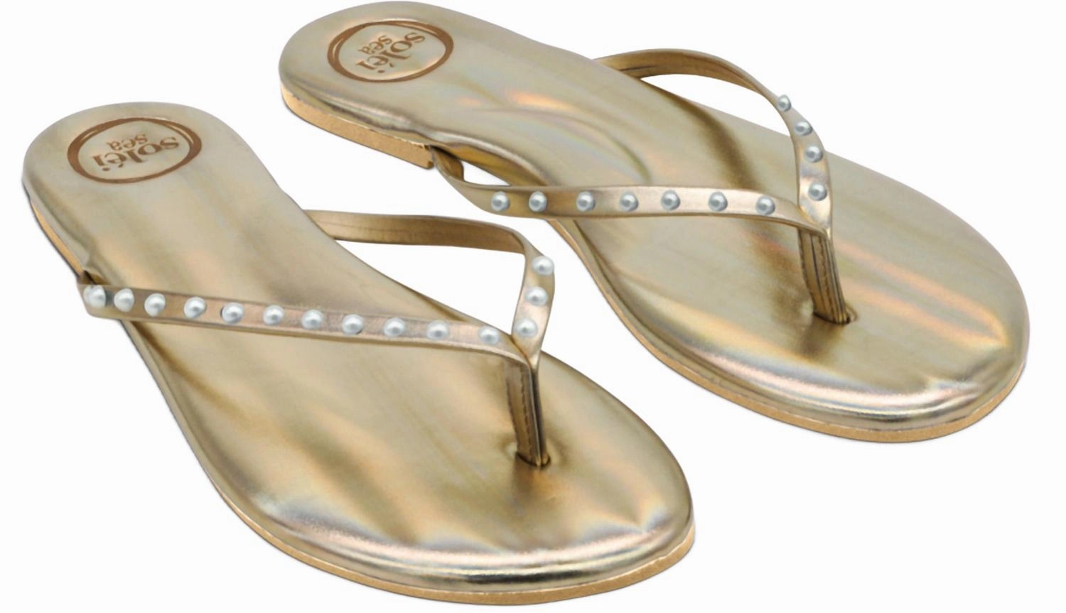 Women's Indie Solid Metallic Gold With Pearls Flip-Flop Anti Fatigue Slip Fit