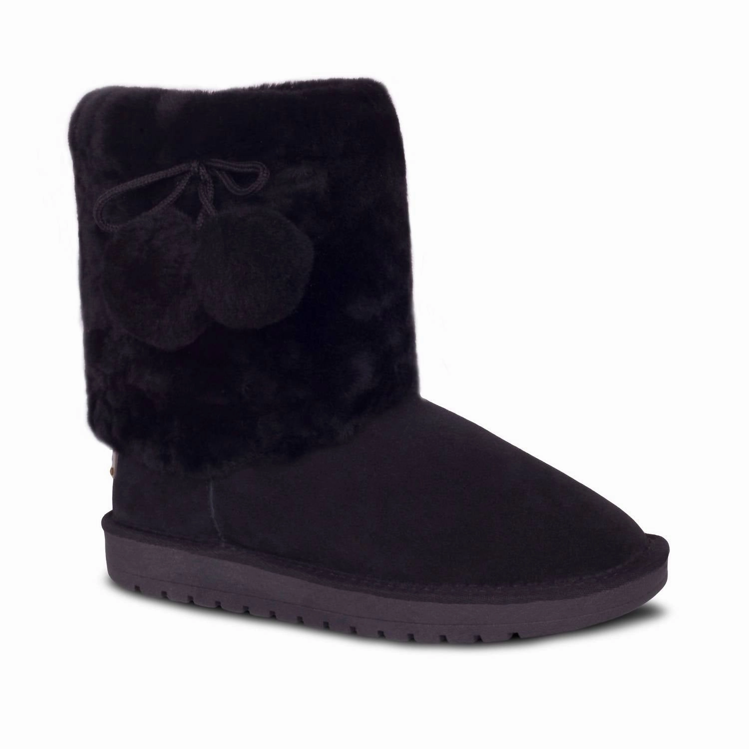 Women's Pom Pom Sheepskin Boots In Black Closed Toe