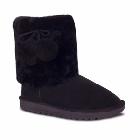 Women's Pom Pom Sheepskin Boots In Black Closed Toe