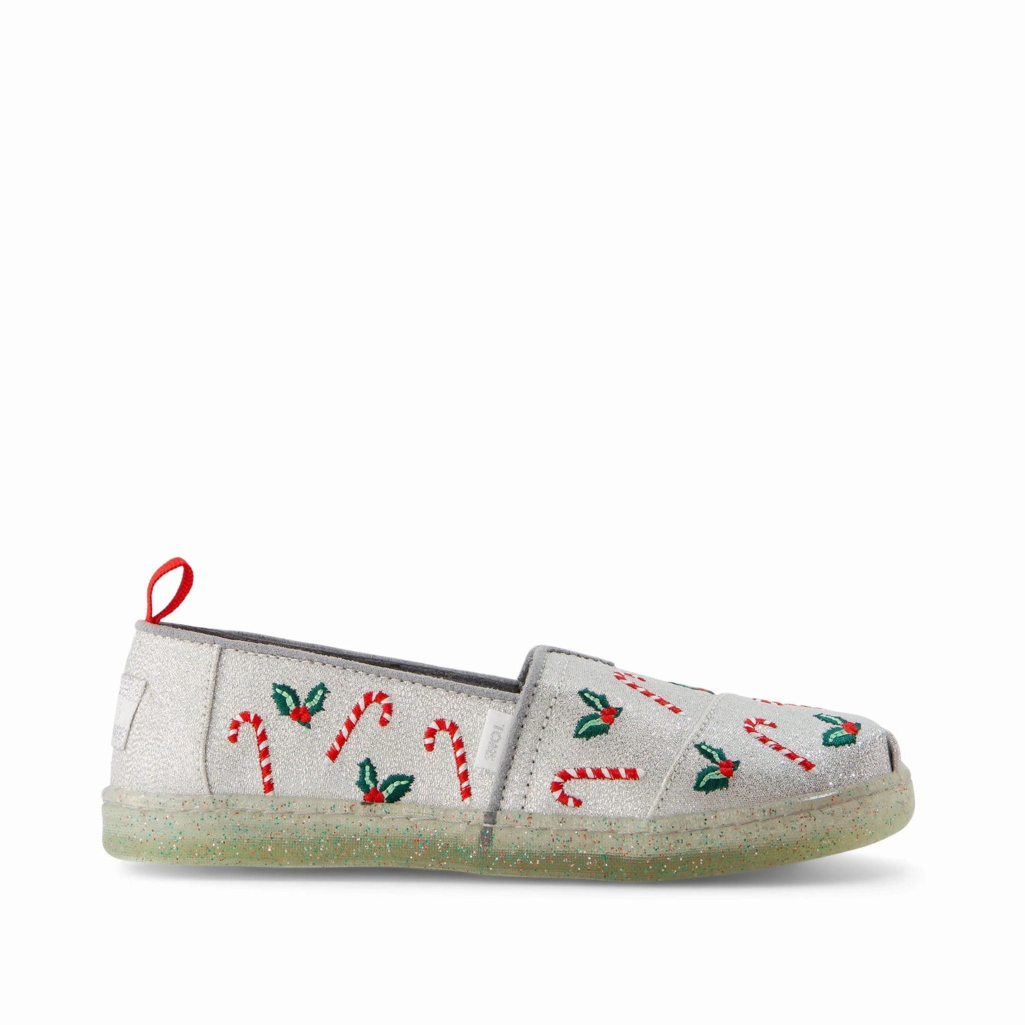 Storm Walk Youth Alpargata Silver Shimmer Embroidered Candy Canes Kids Shoe