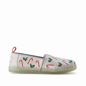 Storm Walk Youth Alpargata Silver Shimmer Embroidered Candy Canes Kids Shoe